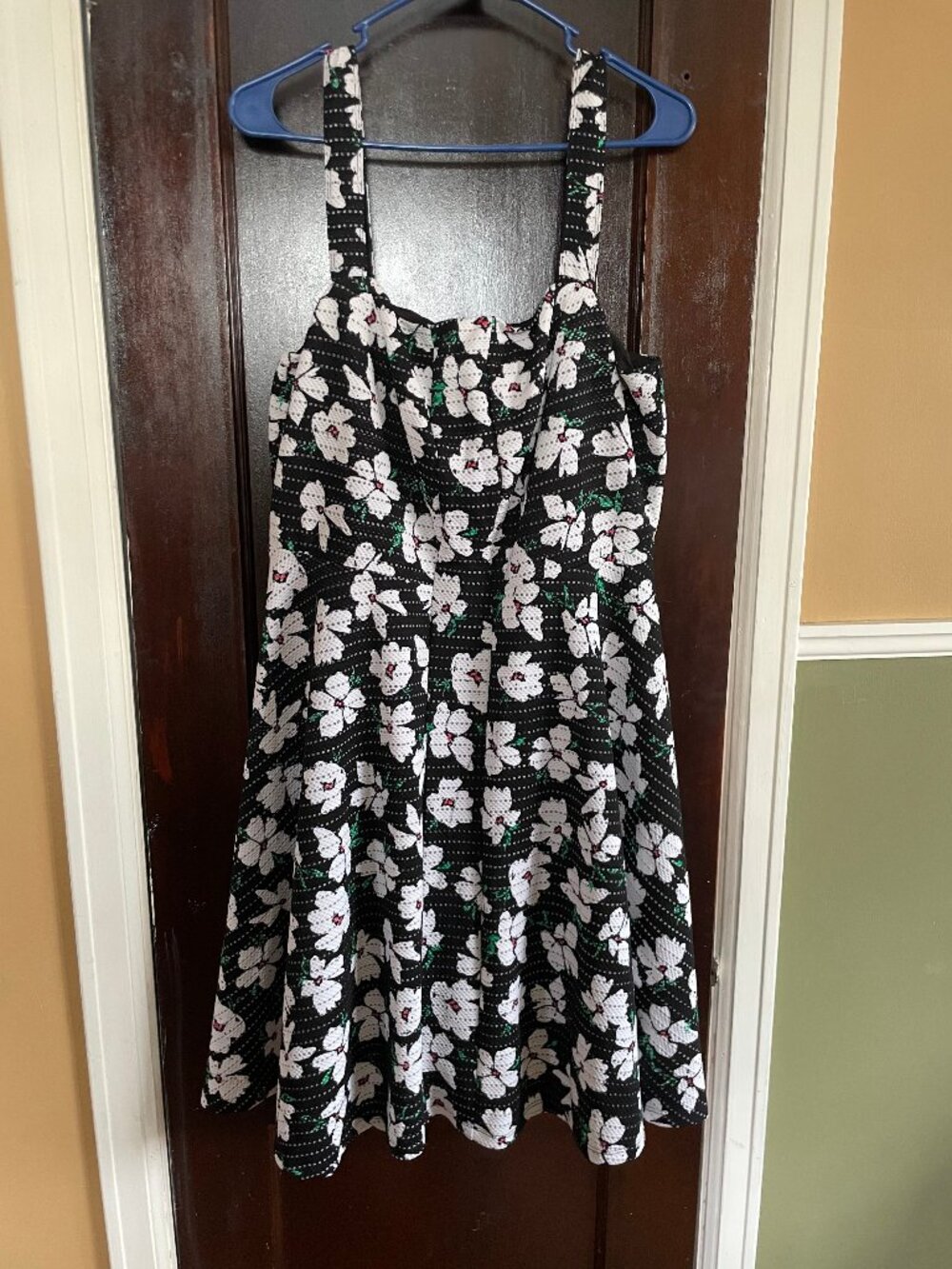 Torrid floral dress, black with white and green flowers, retro look square neck